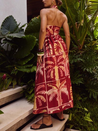 Retro Tropical Coconut Tree Print Maxi Dress