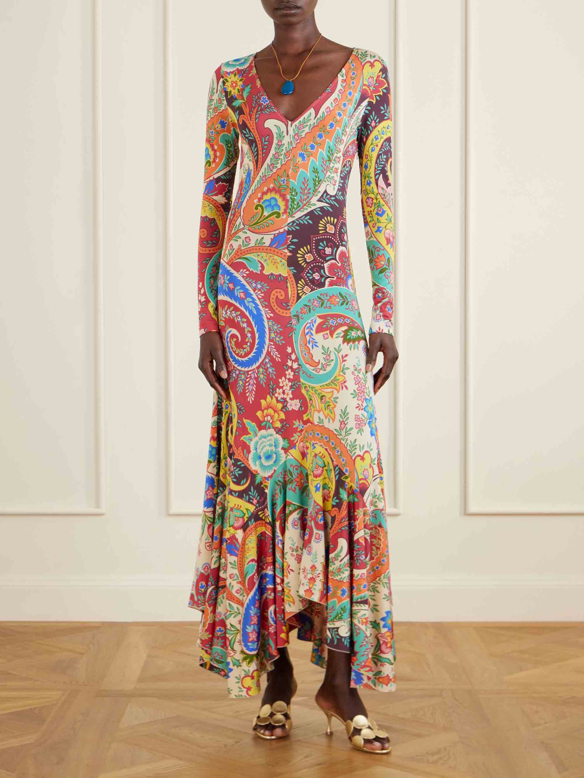 Colorful Paisley Print V-Neck Flounce Hem Maxi Dress