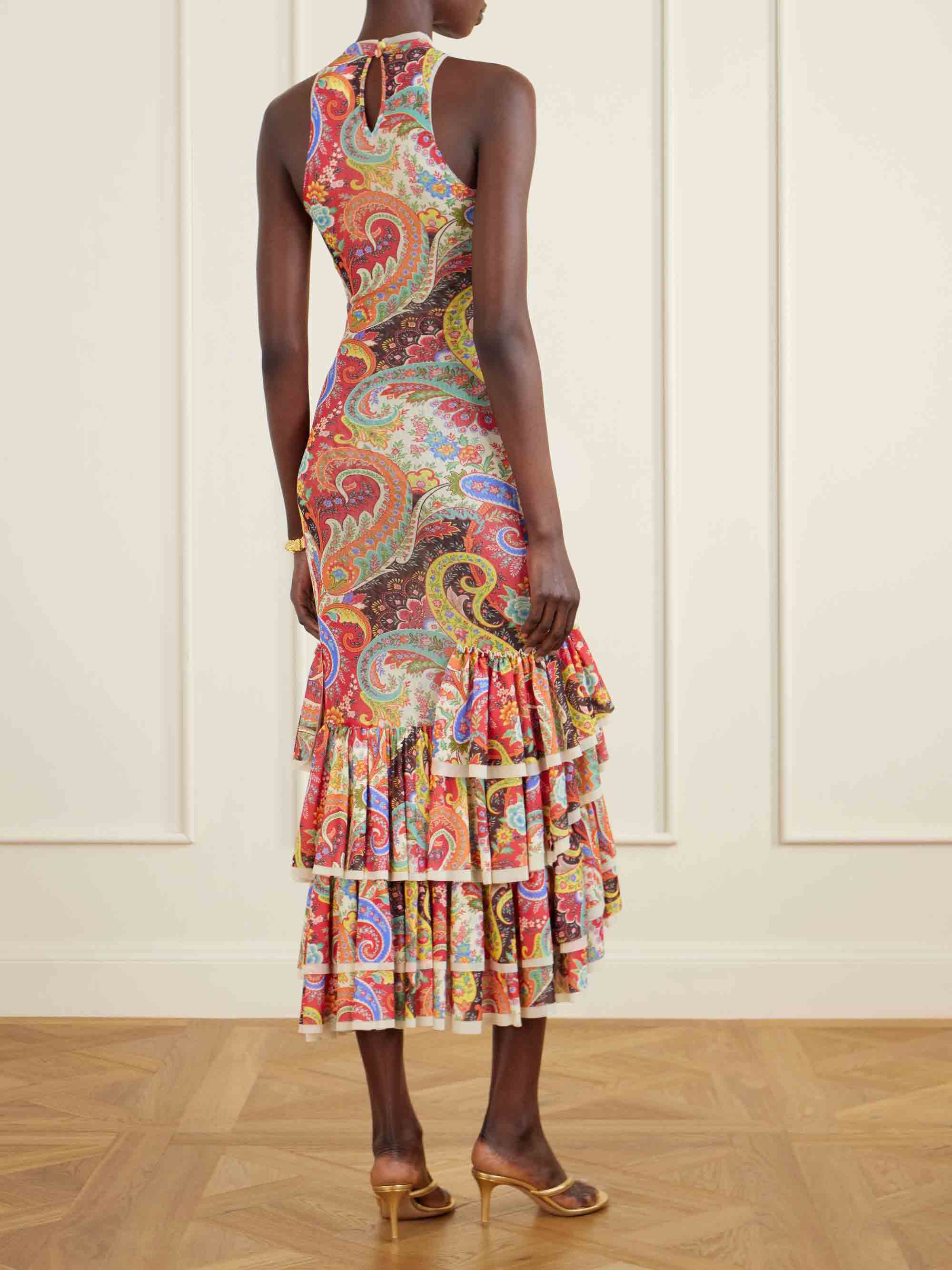 Colorful  Paisley Print Ruffled Hem Halter Midi Dress