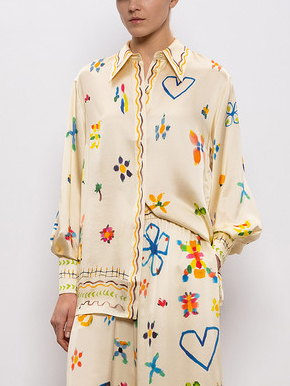 Unique Satin Hand-Painted Watercolor Print Lapel Button Shirt Two-Piece Set