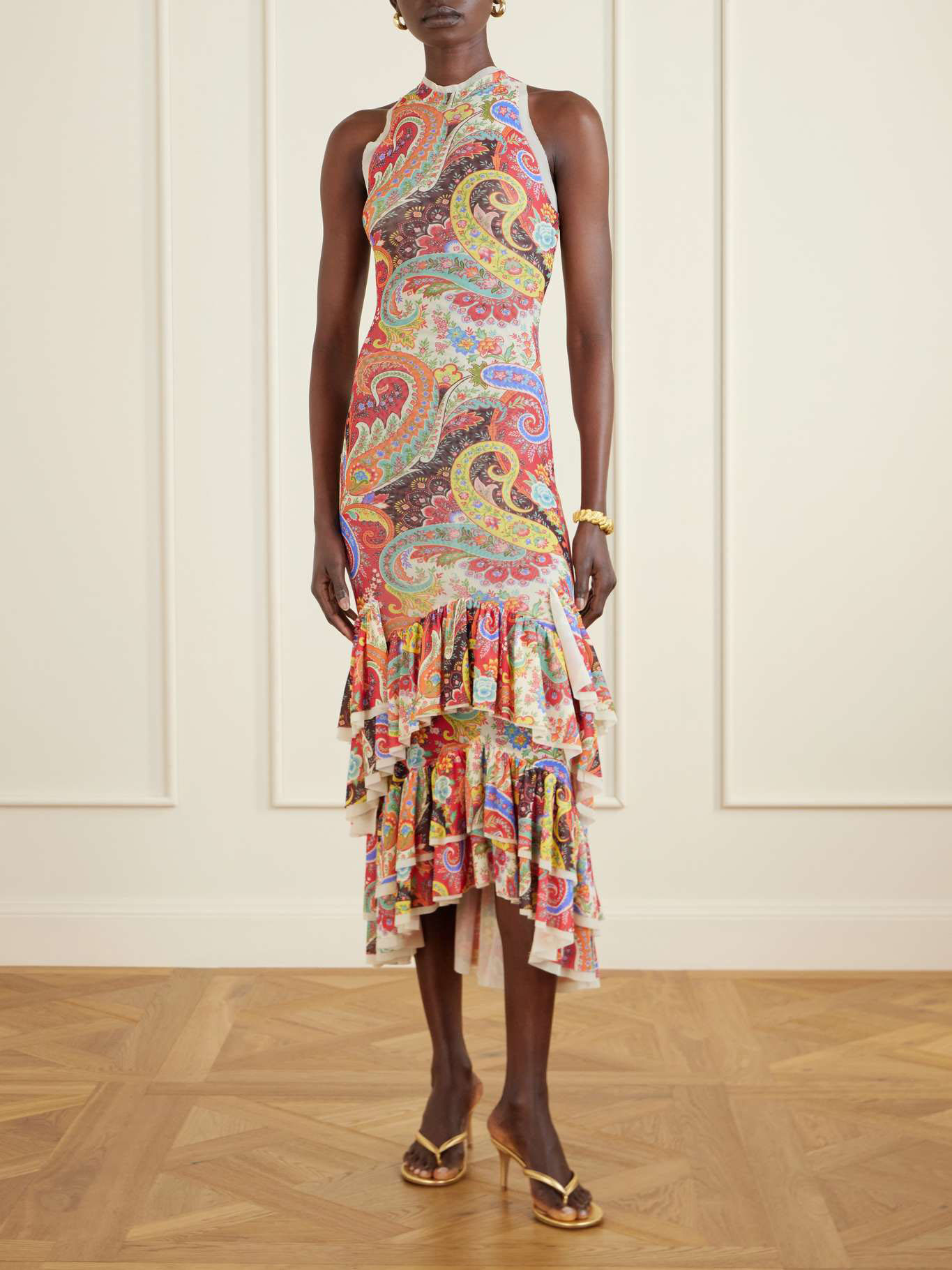 Colorful Paisley Print Ruffled Hem Halter Midi Dress