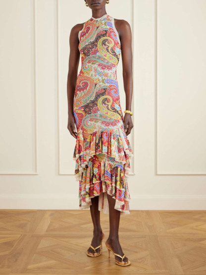 Colorful Paisley Print Ruffled Hem Halter Midi Dress