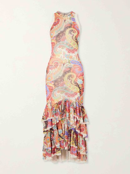Colorful  Paisley Print Ruffled Hem Halter Midi Dress