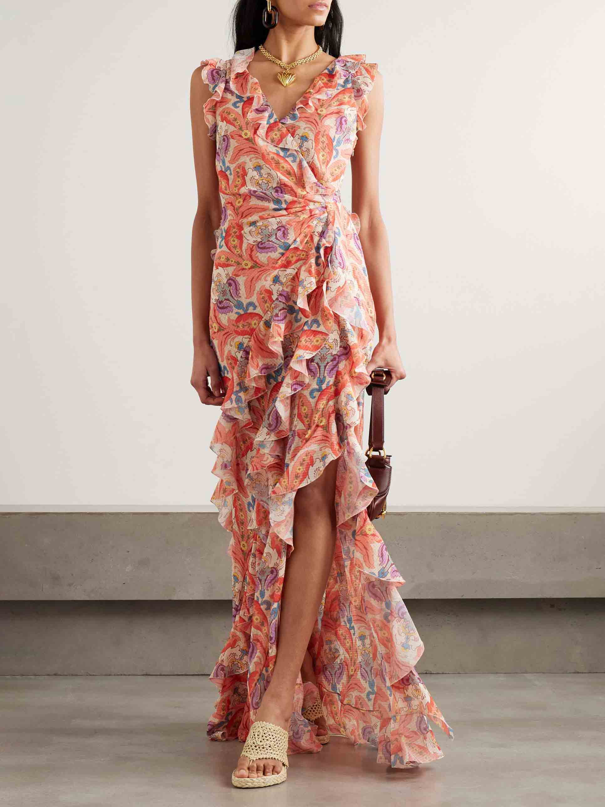 Fresh Retro Floral Print Open Back Ruffle Maxi Dress