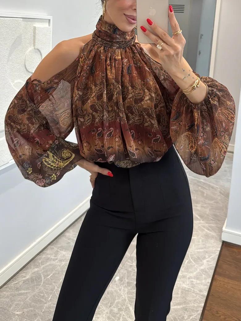 Retro Paisley-print Chiffon Off-the-shoulder Shirt