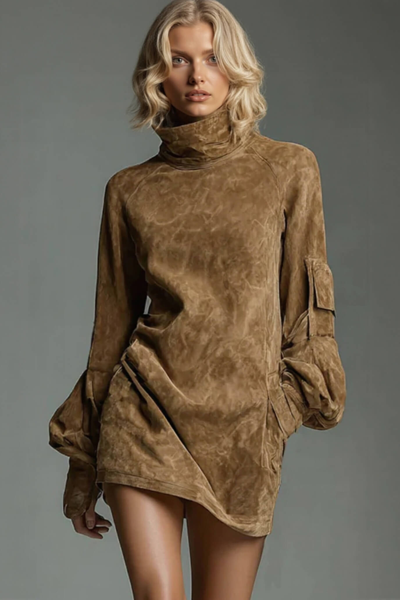 Retro Stylish High-Neck Long-Sleeved Casual Pocket Mini Dress