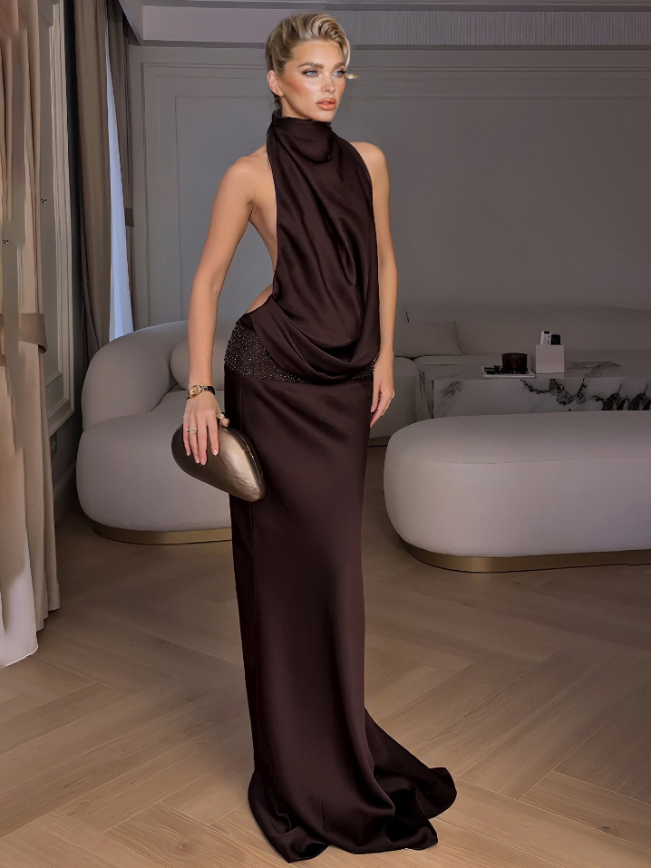 Elegant Halter Neck Sequined Maxi Dress