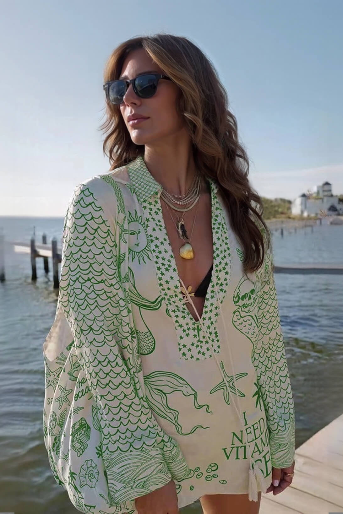 Unique Live By Water Satin Print Tassle Shirt and Elastic Waist Shorts Set