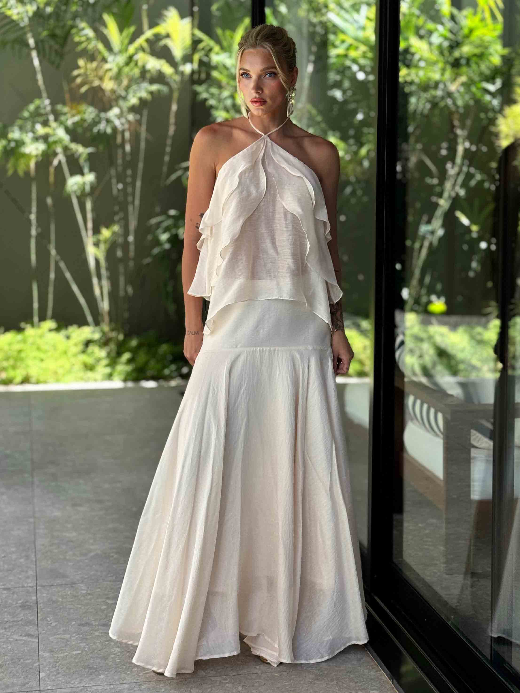 Elegant Halter Ruffle Top & Flowing Maxi Skirt Two-Piece Set