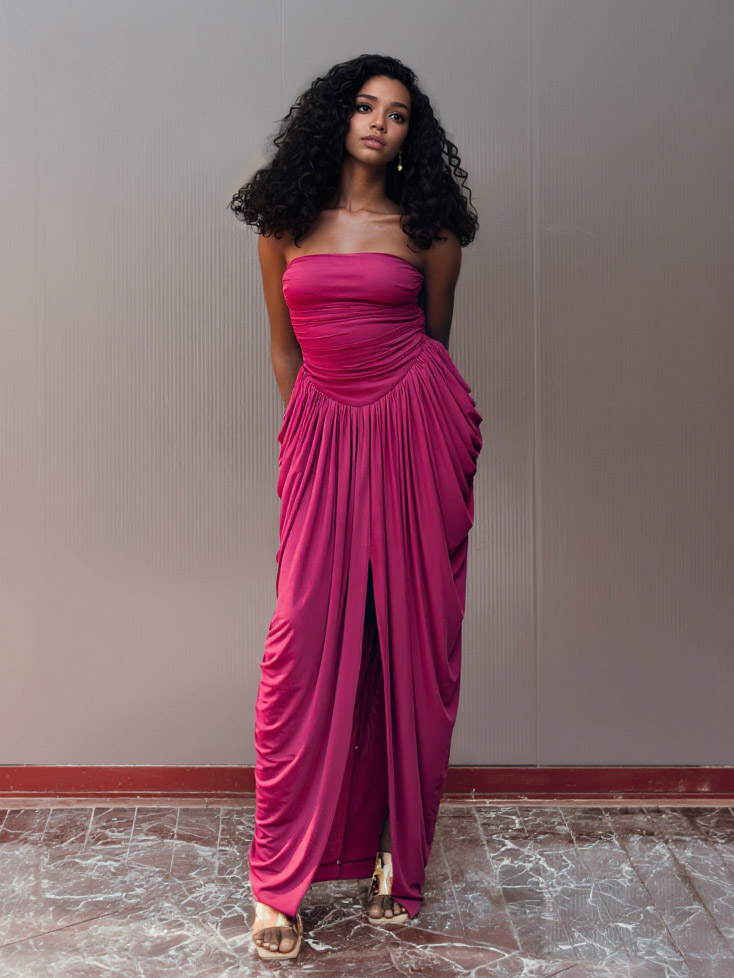 Modern Grecian-Style Fuchsia Draped Maxi Dress
