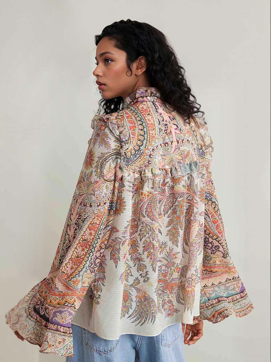 Exquisite Vintage Paisley Print Ruffled Shirt