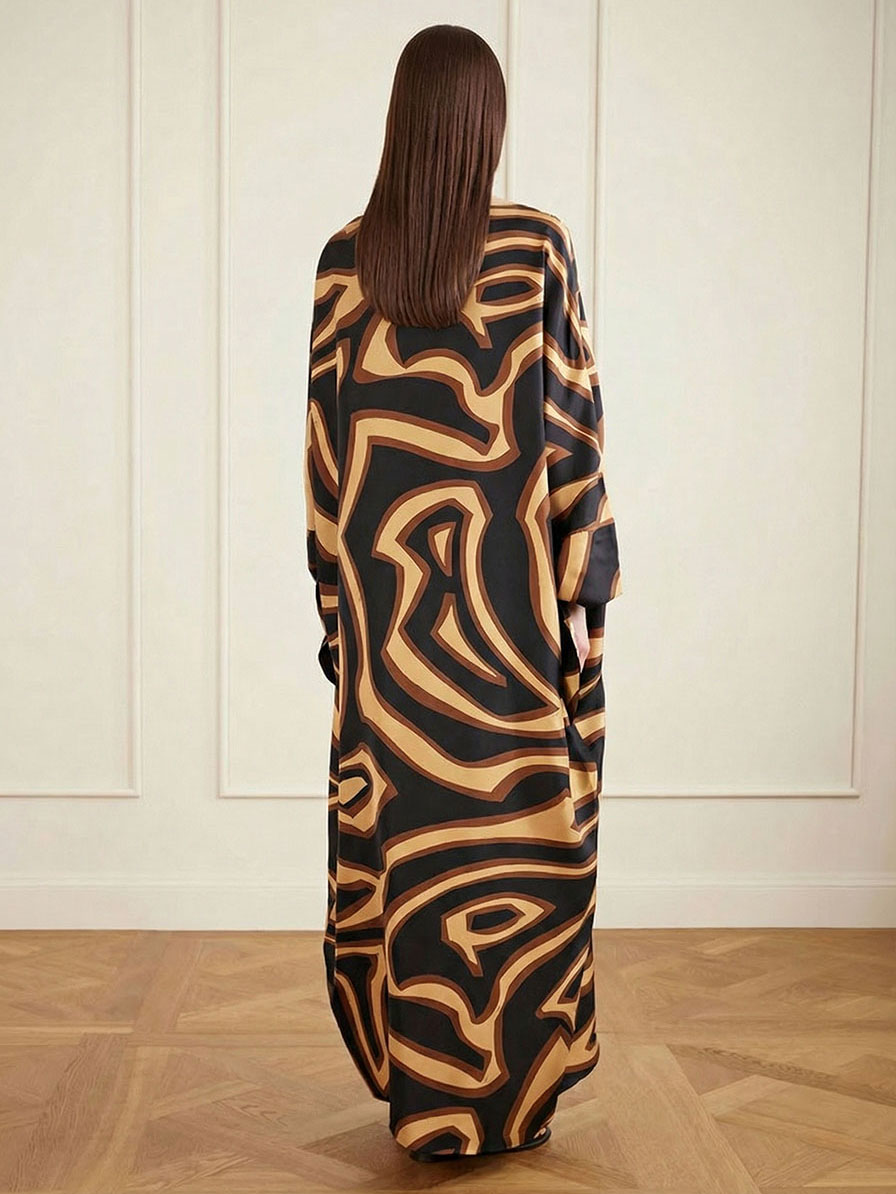 Retro Geometric Abstract Swirling Print Satin Robe Dress