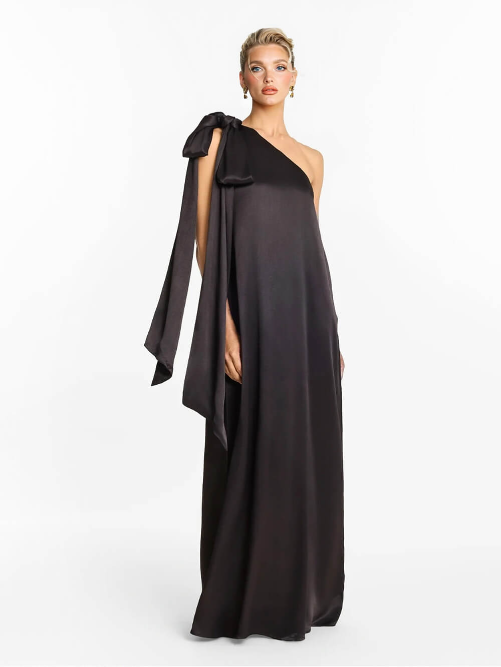 Elegant One-Shoulder Bow-Detail Flowing Maxi Dress