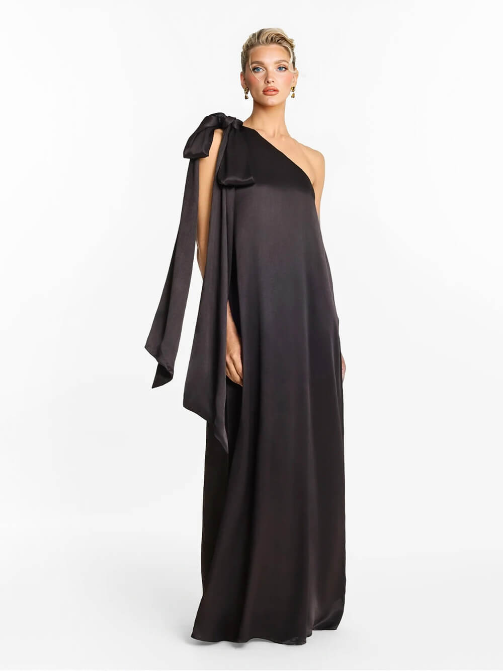 Elegant One-Shoulder Bow-Detail Flowing Maxi Dress