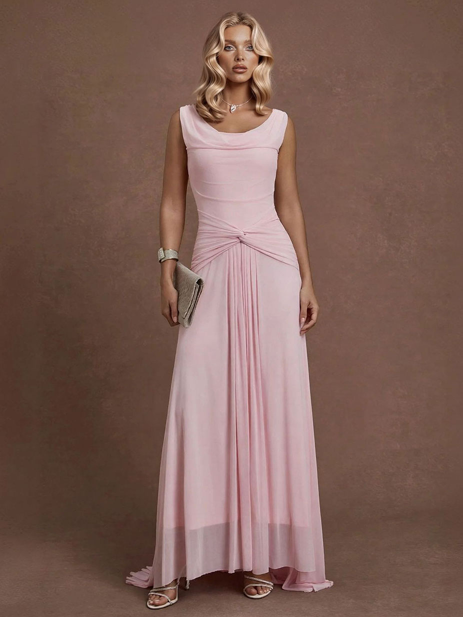 Elegant Pleated Twist-Front High-Slit Maxi Dress