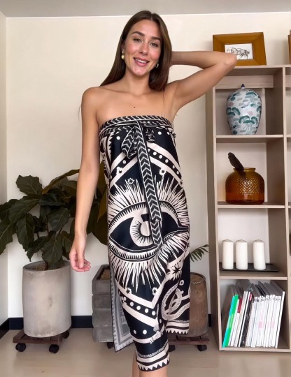 Unique Satin Print Tie-waist Midi Dress