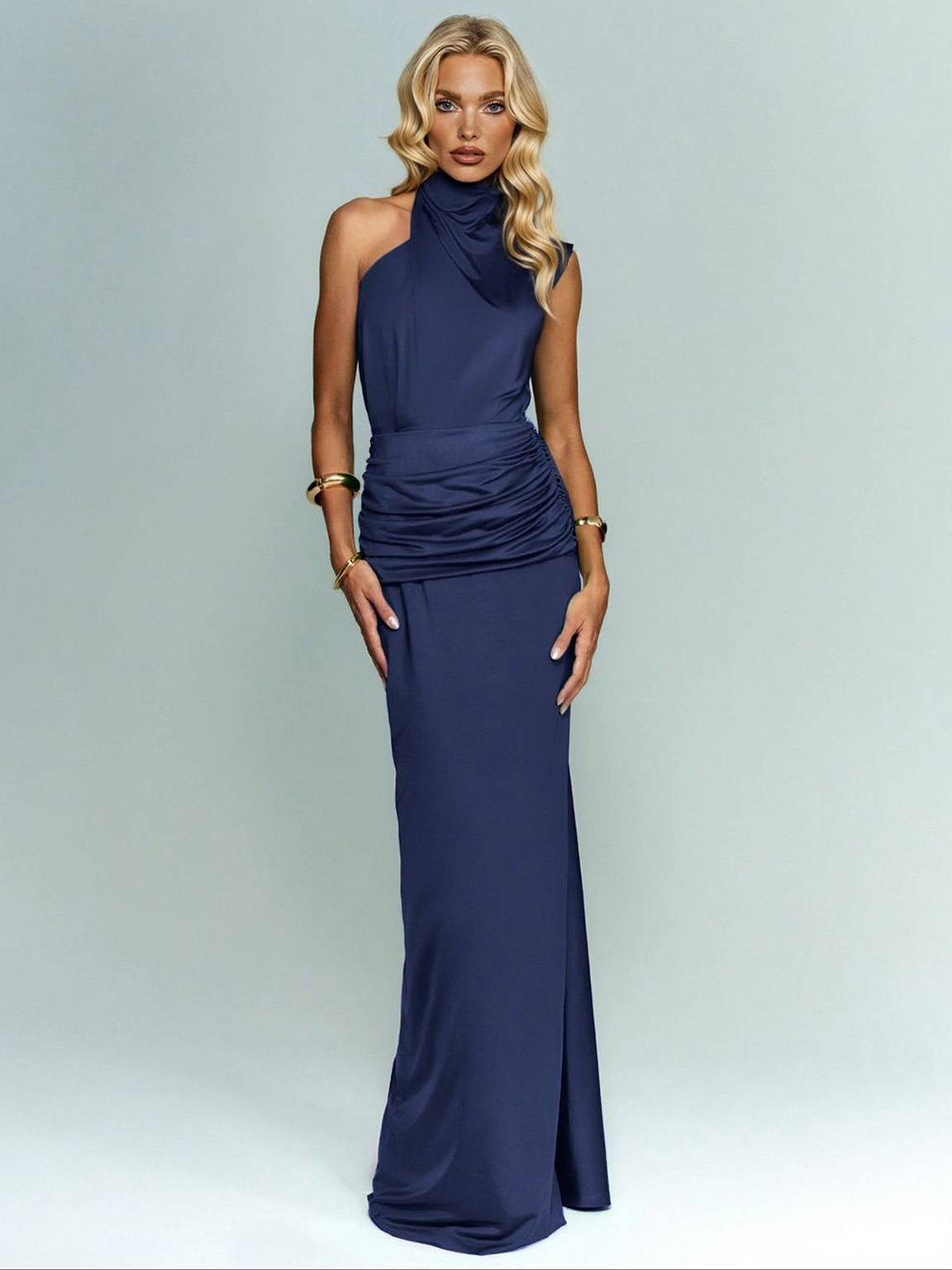 Elegant Asymmetrical Neckline Pleated Maxi Dress