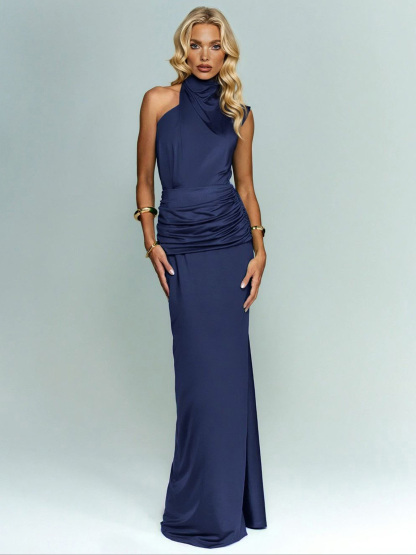 Elegant Asymmetrical Neckline Pleated Maxi Dress