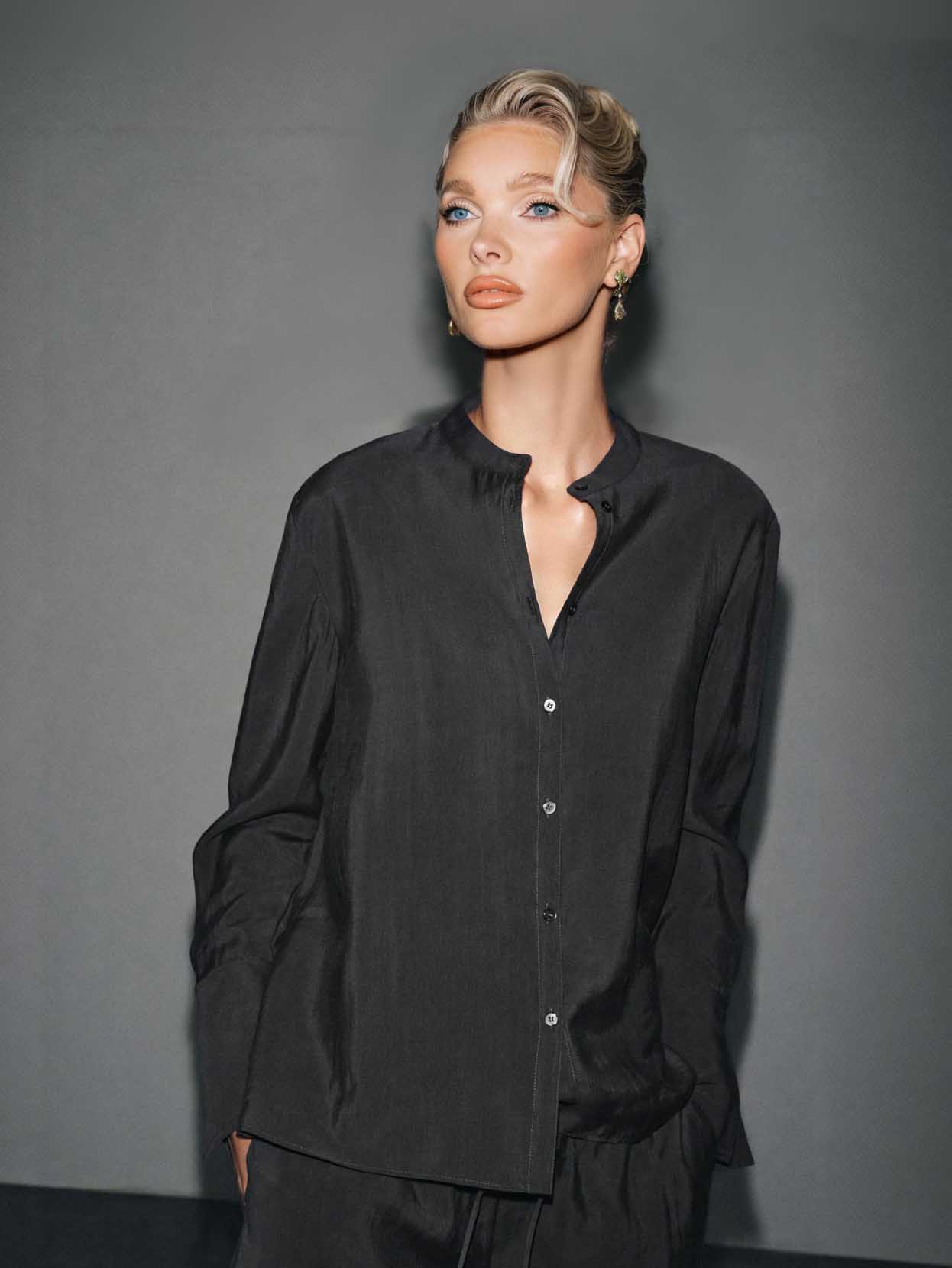 Minimalist Black Satin Shirt & Drawstring Pants Set