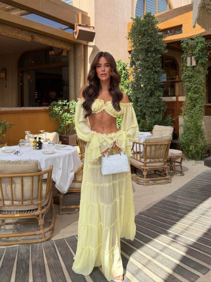 Fashion Off Shoulder Long Bell Sleeve Crop Top and Elastic Waist Layered Cover-up Maxi Skirt Set