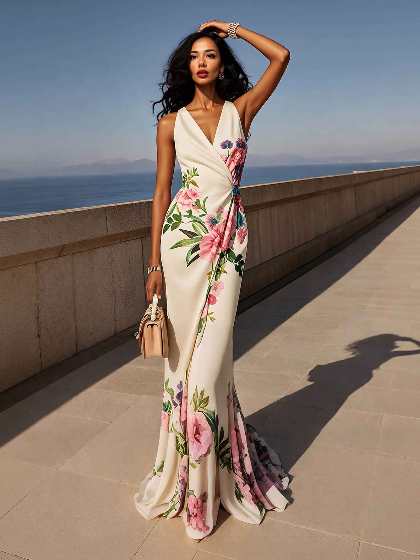 Elegant Floral Print Satin Mermaid Maxi Dress