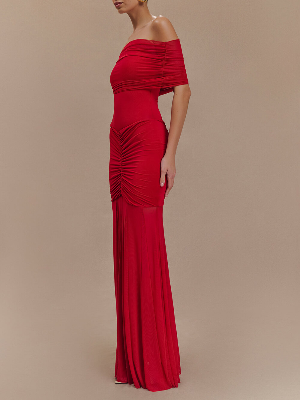 Exquisite Alluring Off-Shoulder Mesh Ruched Bodycon Maxi Dress