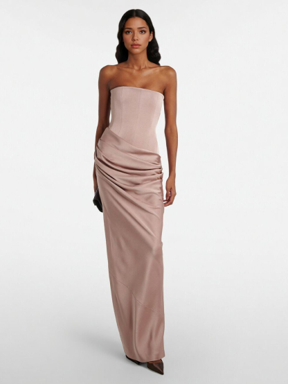 Elegant Strapless Corset Draped Satin Maxi Dress