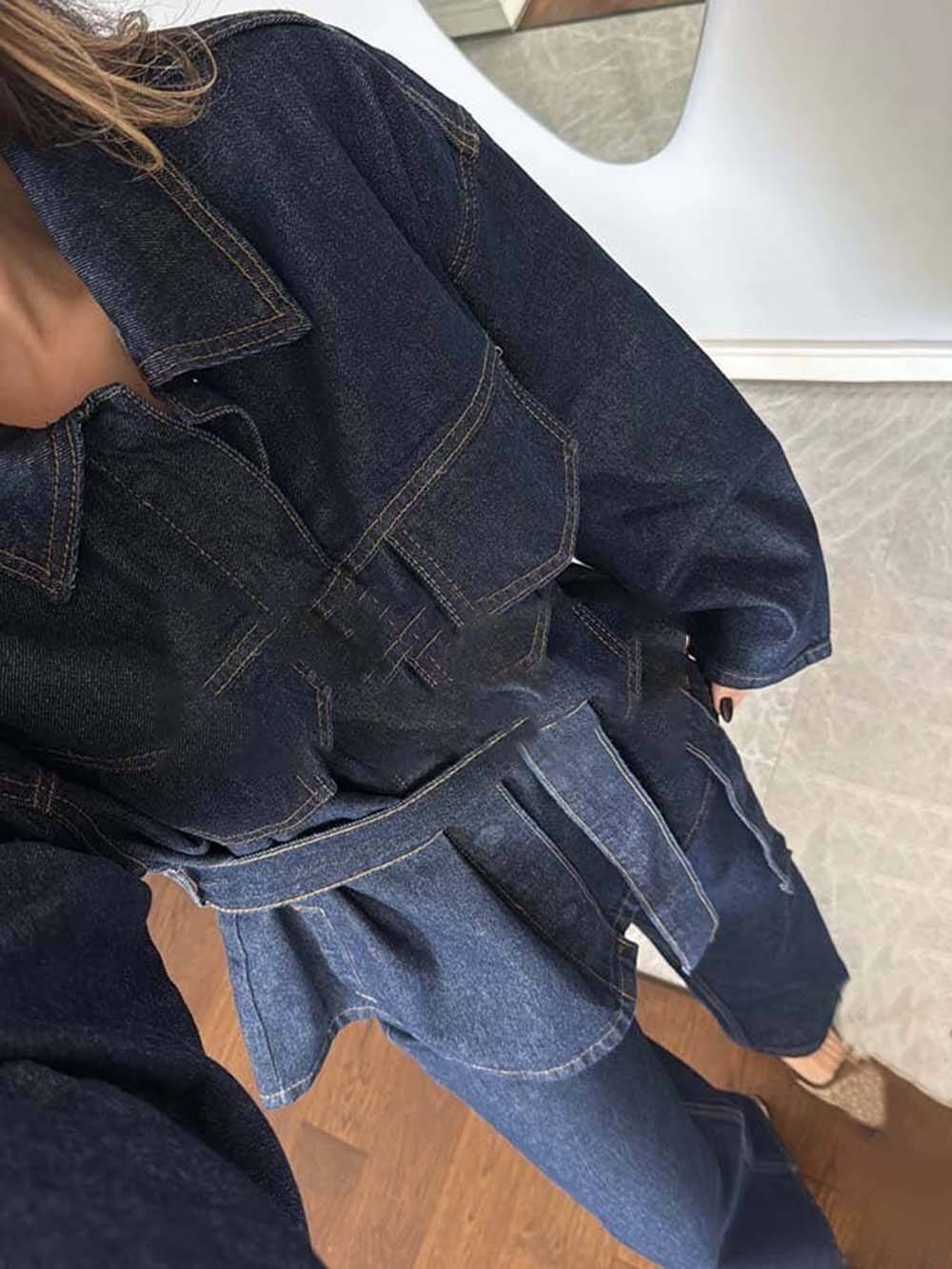 Classic Fashion Workwear-Style Denim Button-Up Long Sleeve Pocketed Collar Jacket