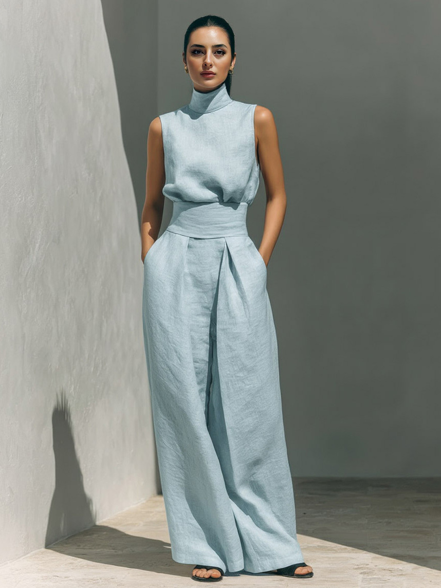 Elegant Linen High-Neck Top & Wide-Leg Pants Two-Piece Set