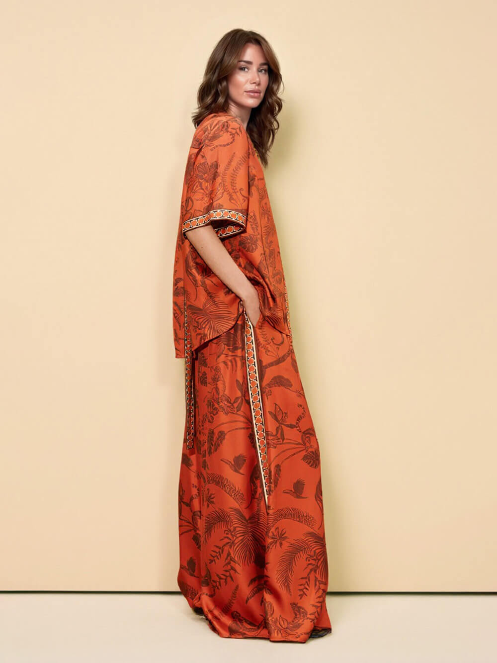 Unique Animal Print Satin Back-Slit Tie-Waist Loose Shirt