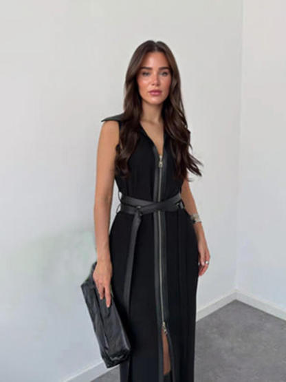 Retro Fashion Black Lace-up Zipper Maxi Dress