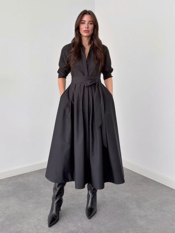 Elegant Long-Sleeve Tie-Waist Shirt Midi Dress