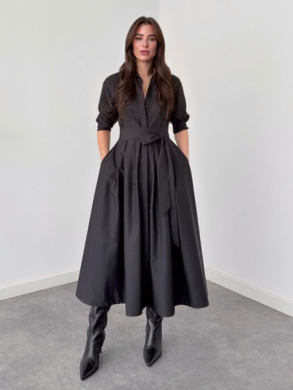 Elegant Long-Sleeve Tie-Waist Shirt Midi Dress