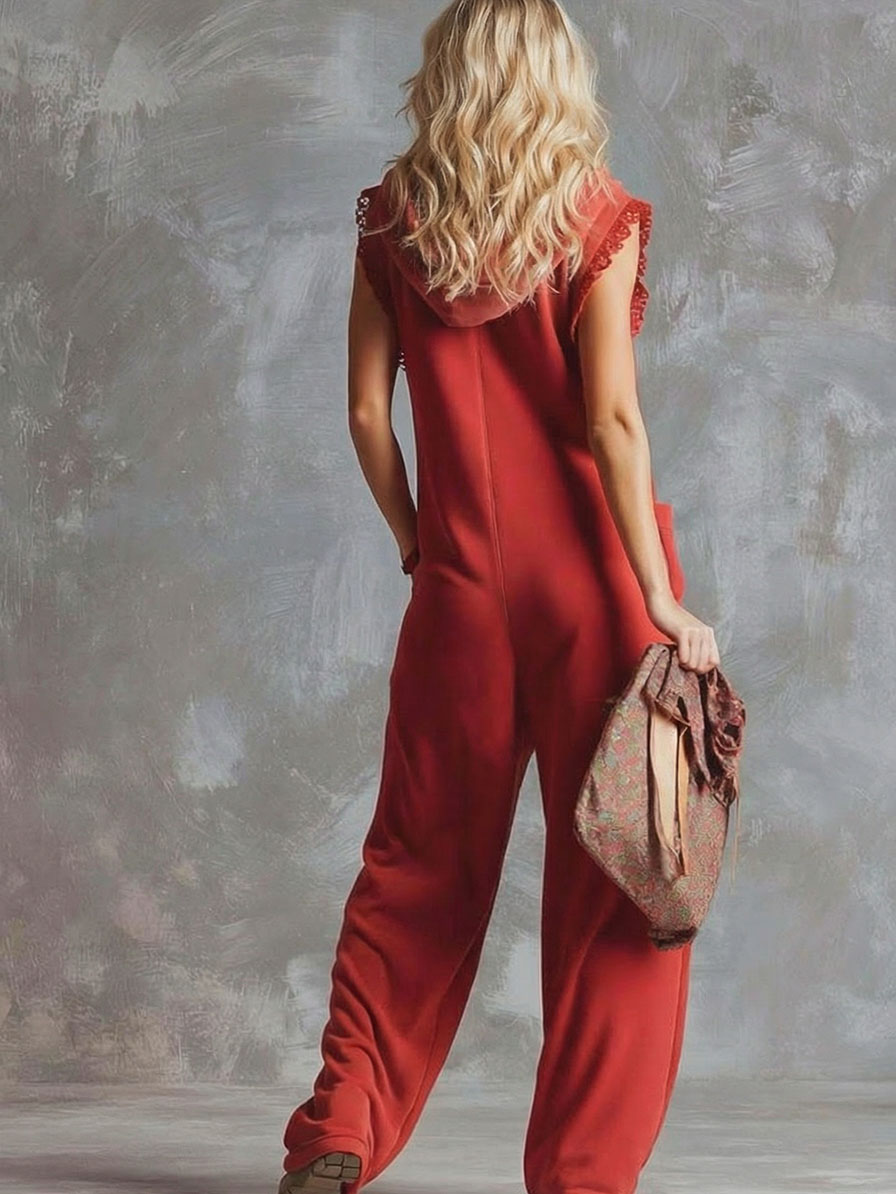 Retro Hooded V-Neck Zip-Front Jumpsuit