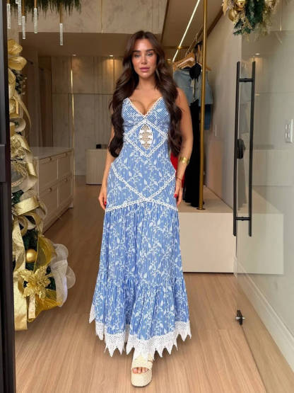 Boho Lace Insert Printed Backless Maxi Dress