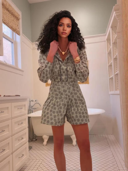 Retro Print Collared Long-Sleeve Shirt and High-Waisted Shorts Set