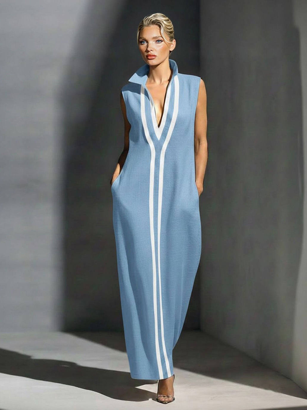 Elegant Sleeveless Deep V-Neck Contrast-Trim Maxi Dress