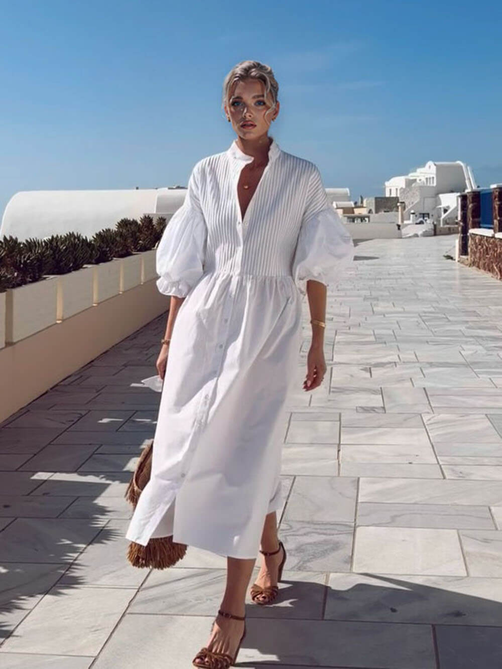 Bohemian Ruched Lantern Sleeve Midi Dress