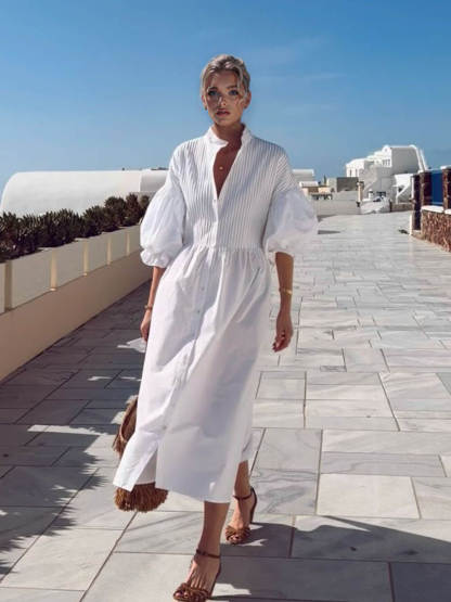 Bohemian Ruched Lantern Sleeve Midi Dress