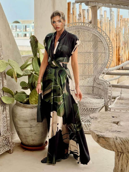 Bohemian Palm Leaf Print Maxi Dress
