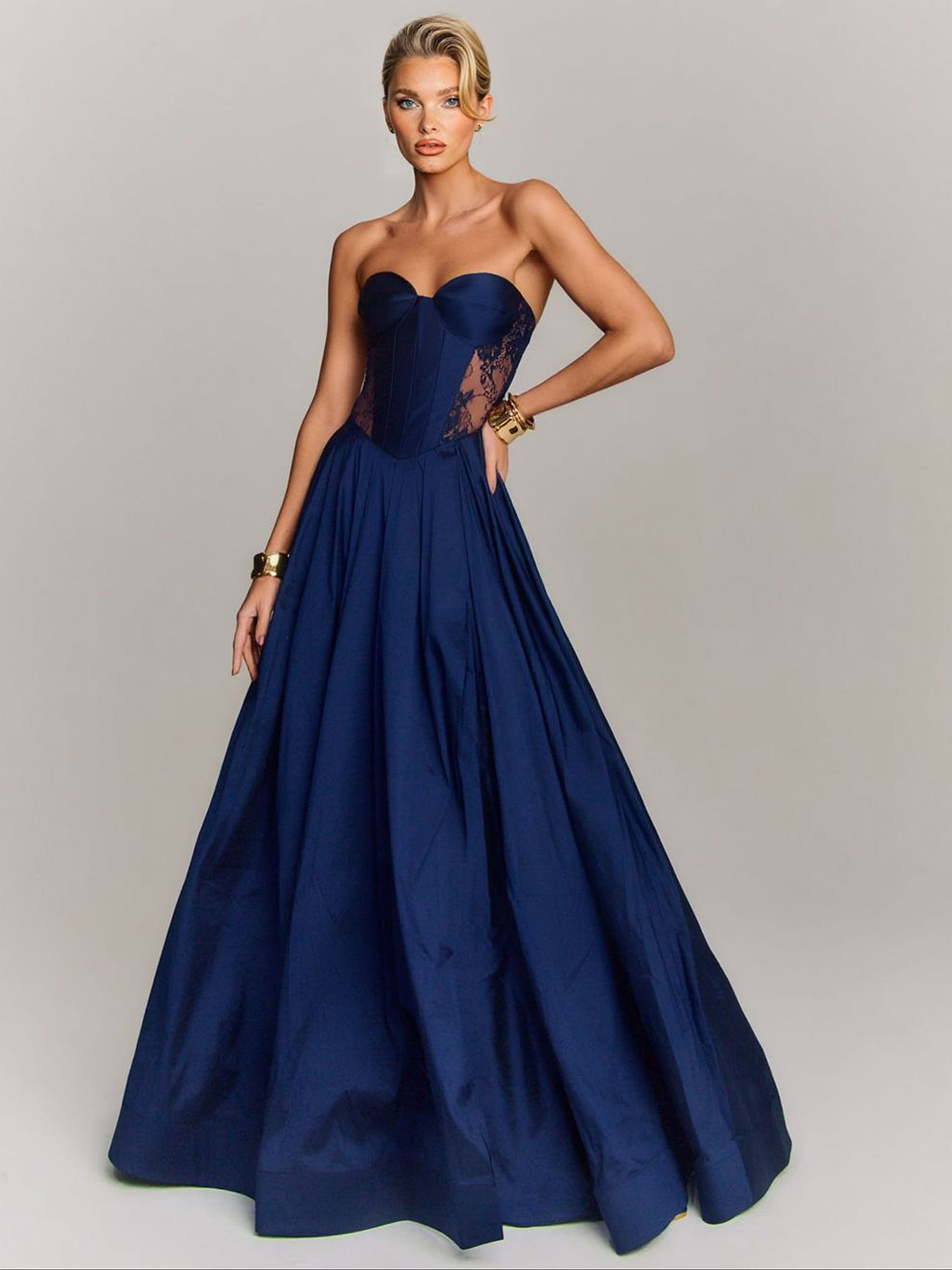 Elegant Strapless Lace-Panel Ball Gown Maxi Dress