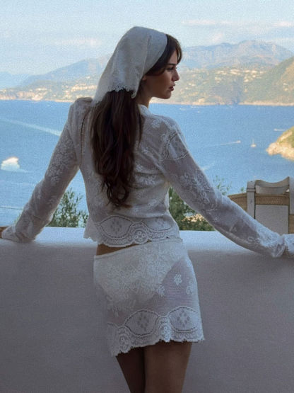 Vacation Style Cutout Embroidered Top And Mini Skirt Set