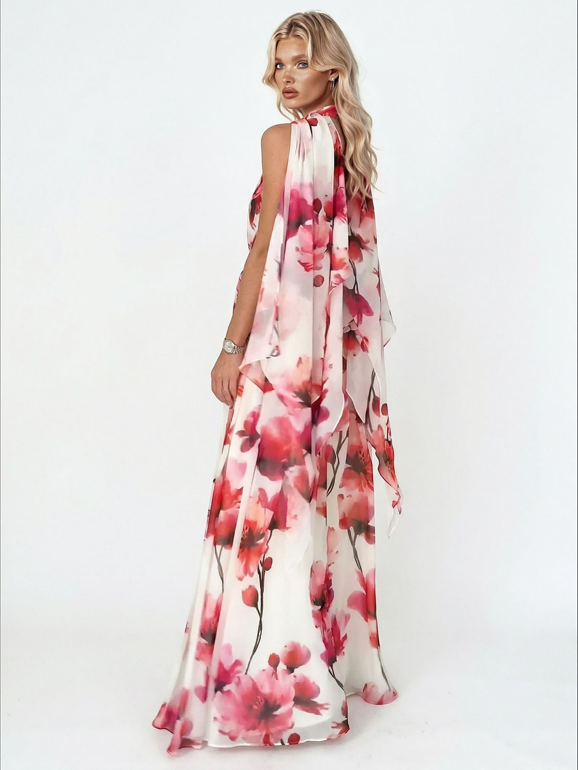 Elegant Watercolor Floral Print Backless Chiffon Maxi Dress