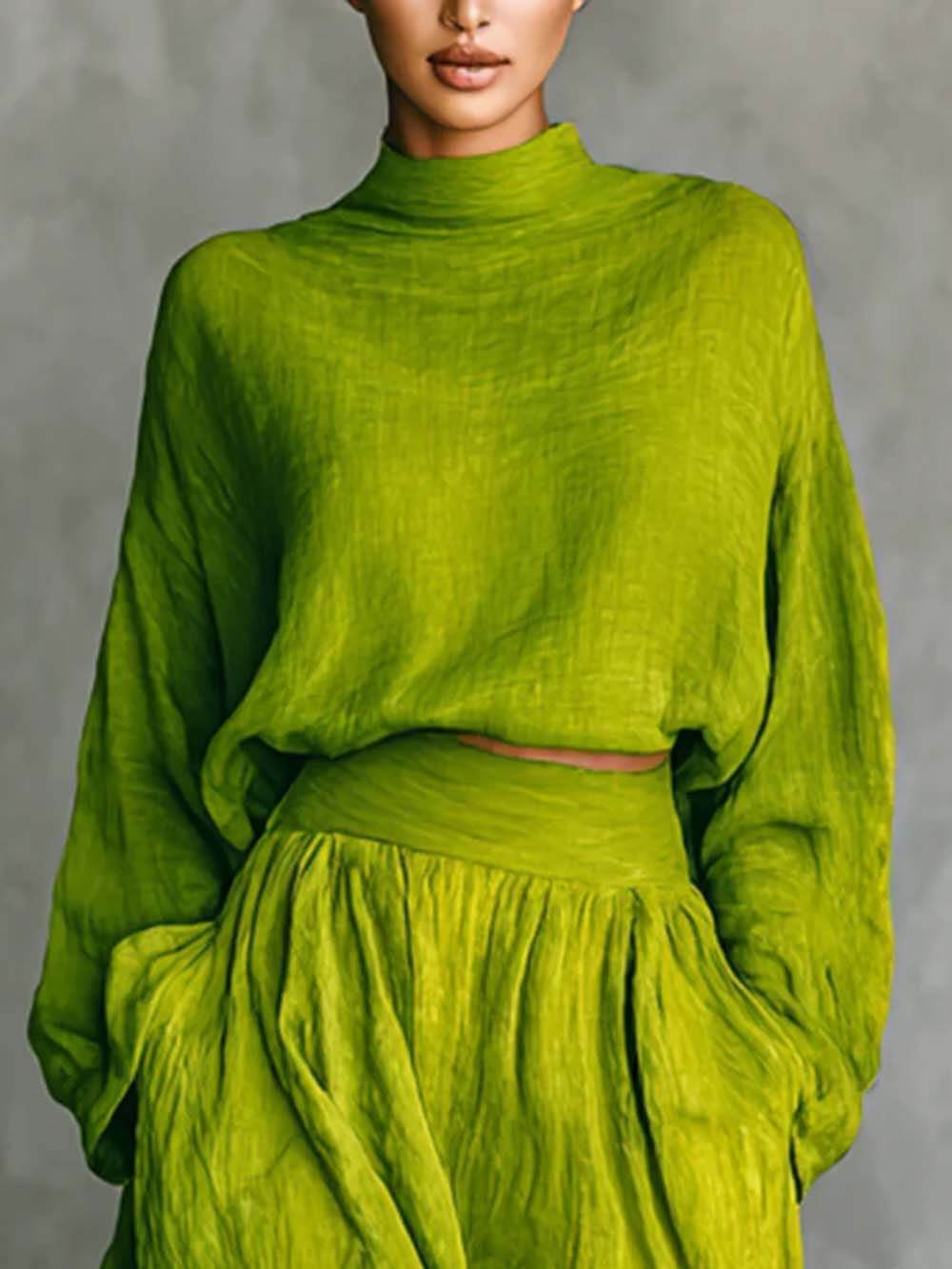 Casual Green Turtleneck Loose-Fit Top