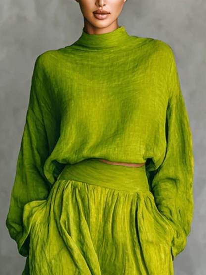 Casual Green Turtleneck Loose-Fit Top