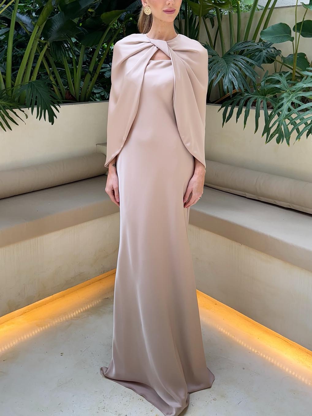 Elegant Cape Twisted Satin Maxi Dress Set