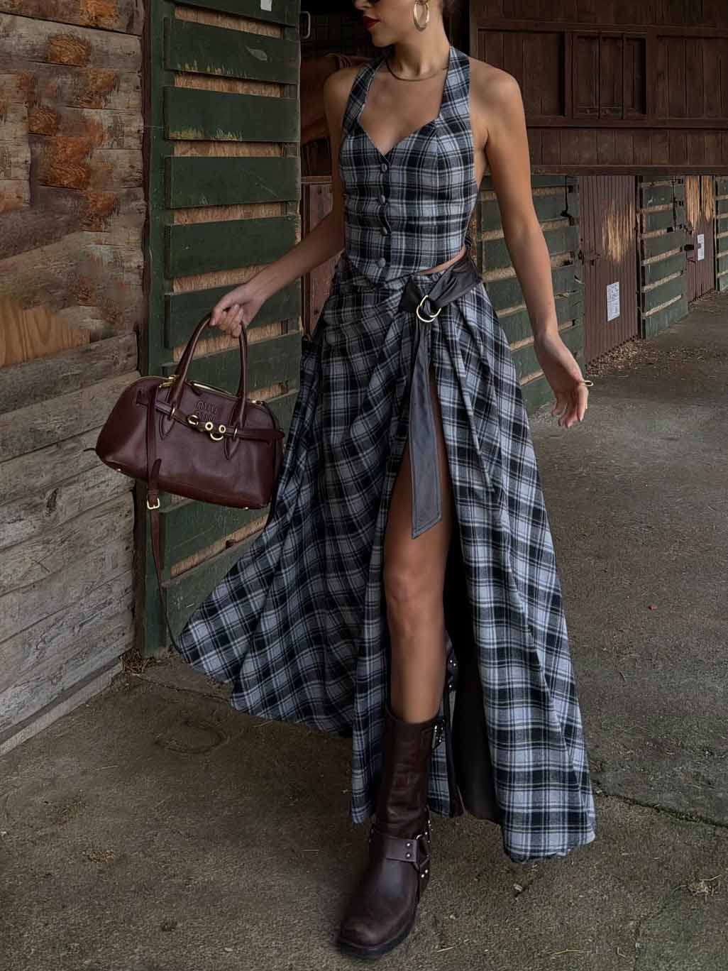 Retro Plaid Slit Skirt Two-piece Set