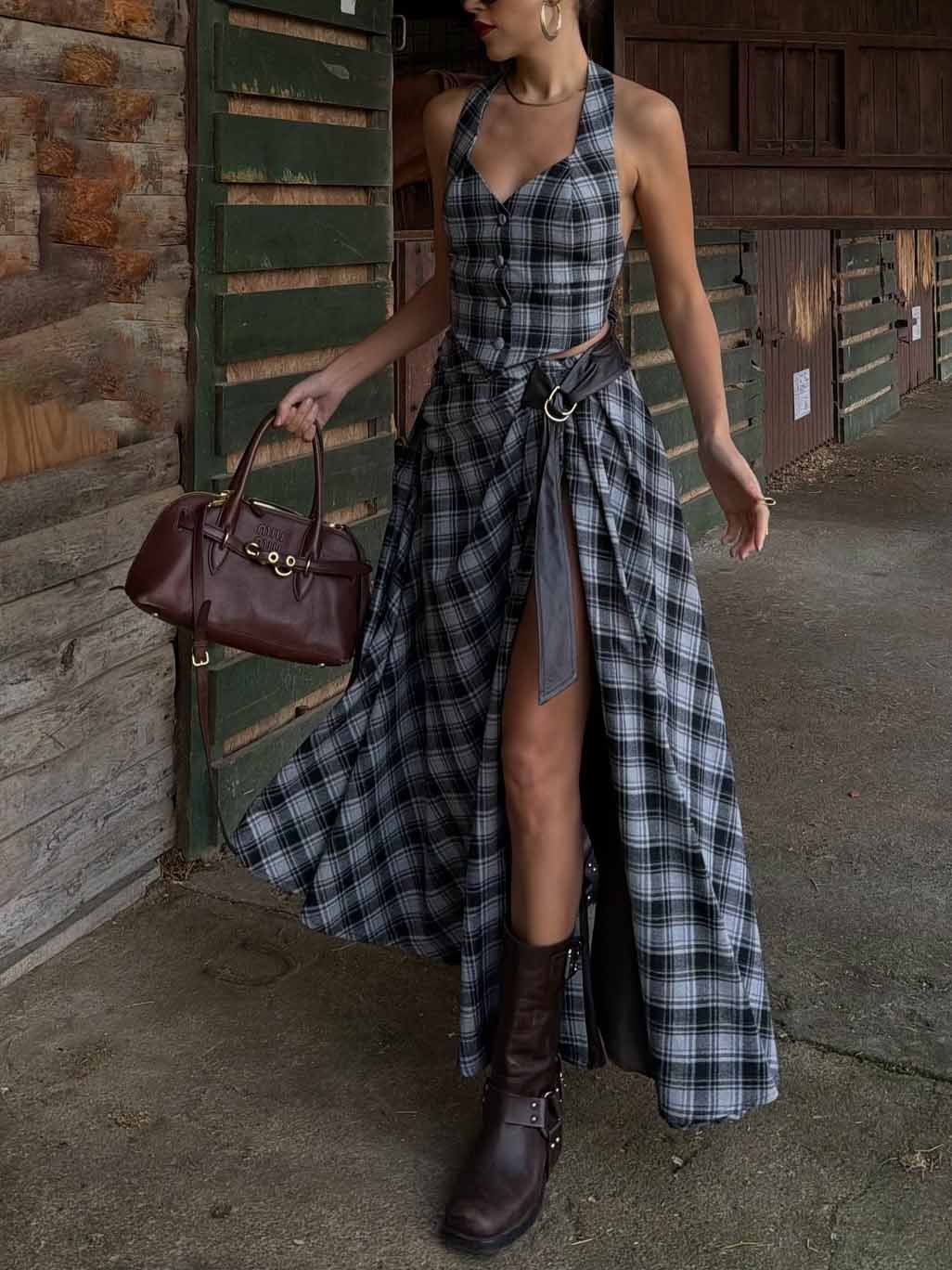 Retro Plaid Slit Skirt Two-piece Set