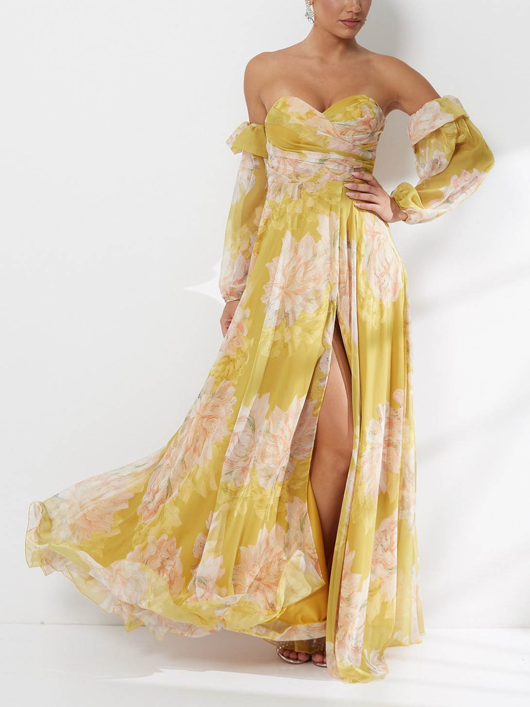 Elegant Floral Off-Shoulder Slit Chiffon Maxi Dress