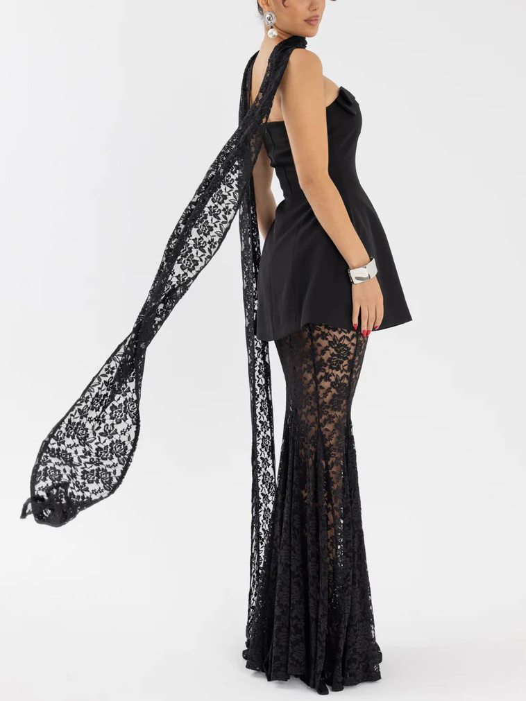 Elegant Strapless Mini Dress And Lace Maxi Skirt Set